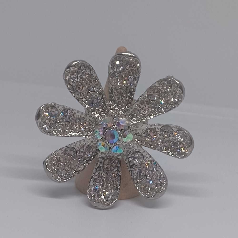 Silvertone Cocktail Rhinestone Flower Stretch Ring